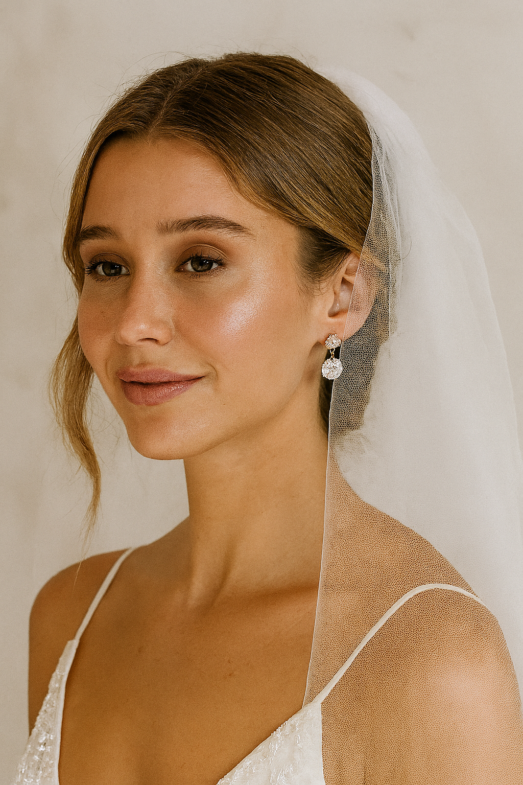 Bride with soft makeup and a veil, wearing rose gold and crystal drop earrings, captured in a close-up portrait with a soft beige background
