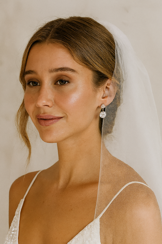 Bride with soft makeup and a veil, wearing rose gold and crystal drop earrings, captured in a close-up portrait with a soft beige background