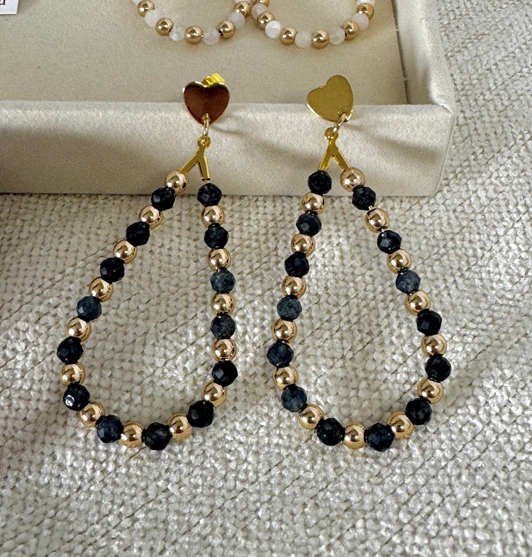 Gold drop earrings with pink and blue gemstone beads and heart-shaped charms – handmade dainty dangle earrings for women