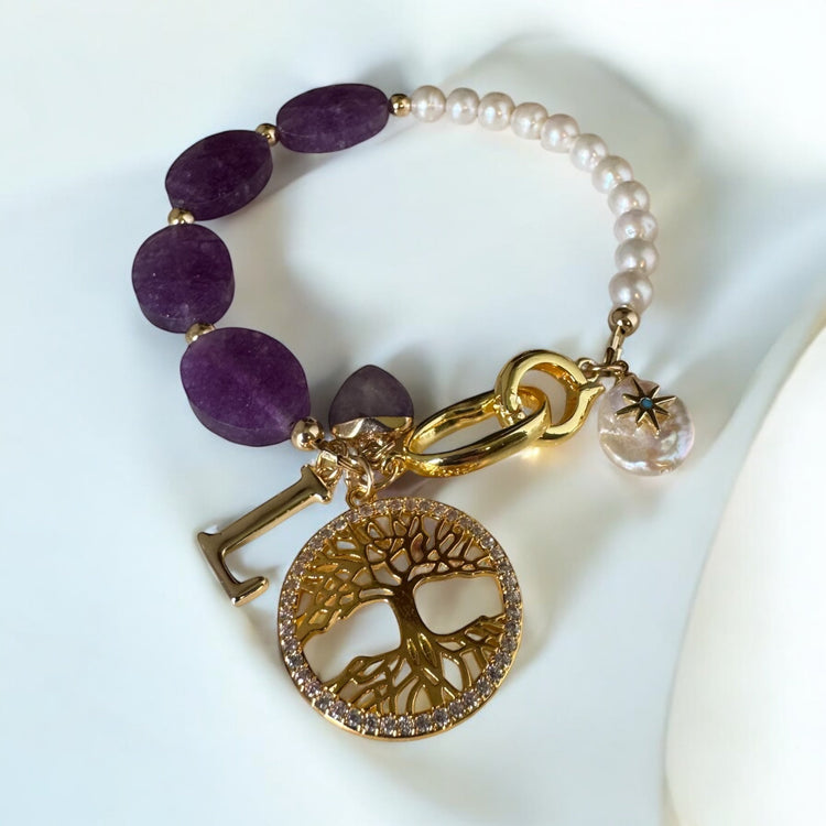 Handmade bracelet personalised with letter 'L' made with Amethyst stones and freshwater pearls
