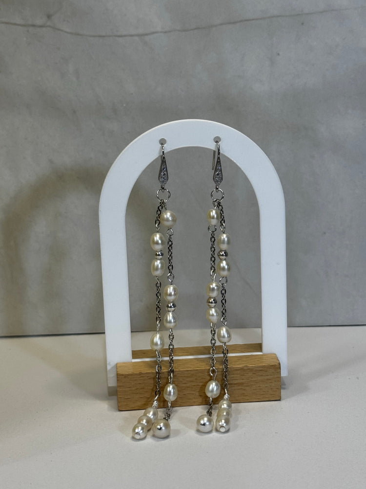 Sterling silver long double strand dangling pearl earrings