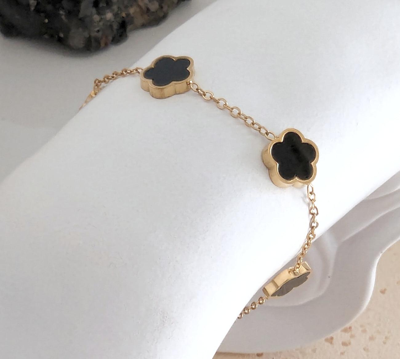 Gold Bracelet with Black clover flowers on a dainty gold chain