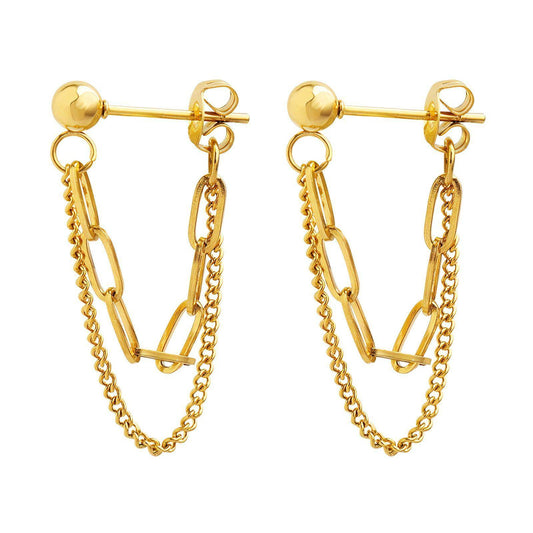 18K Gold PVD Stainless Steel Double Chain Link Earrings – Waterproof & Non-Tarnish