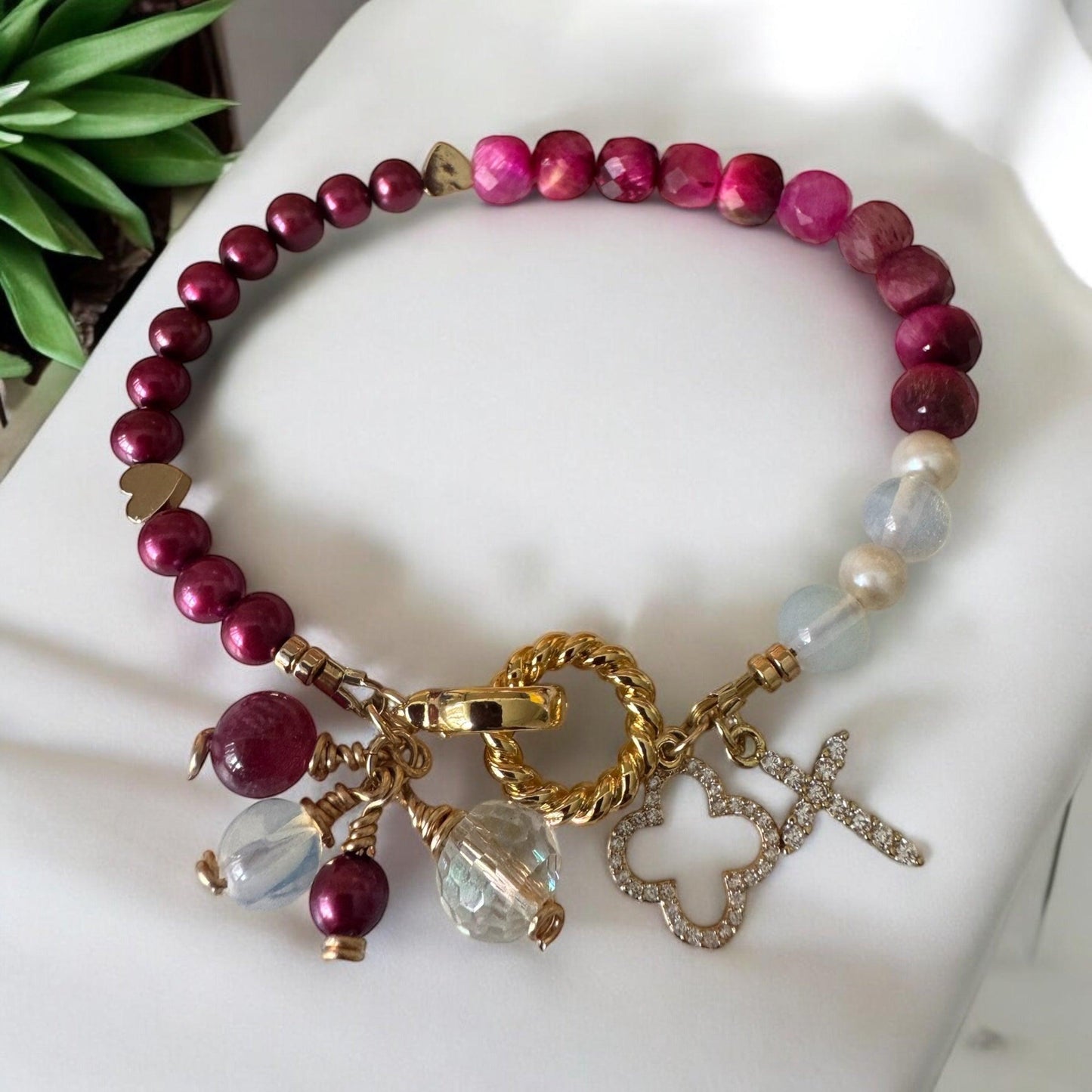 Handmade Garnet & Pearl Charm Bracelet | Opalite & Crystal Accents