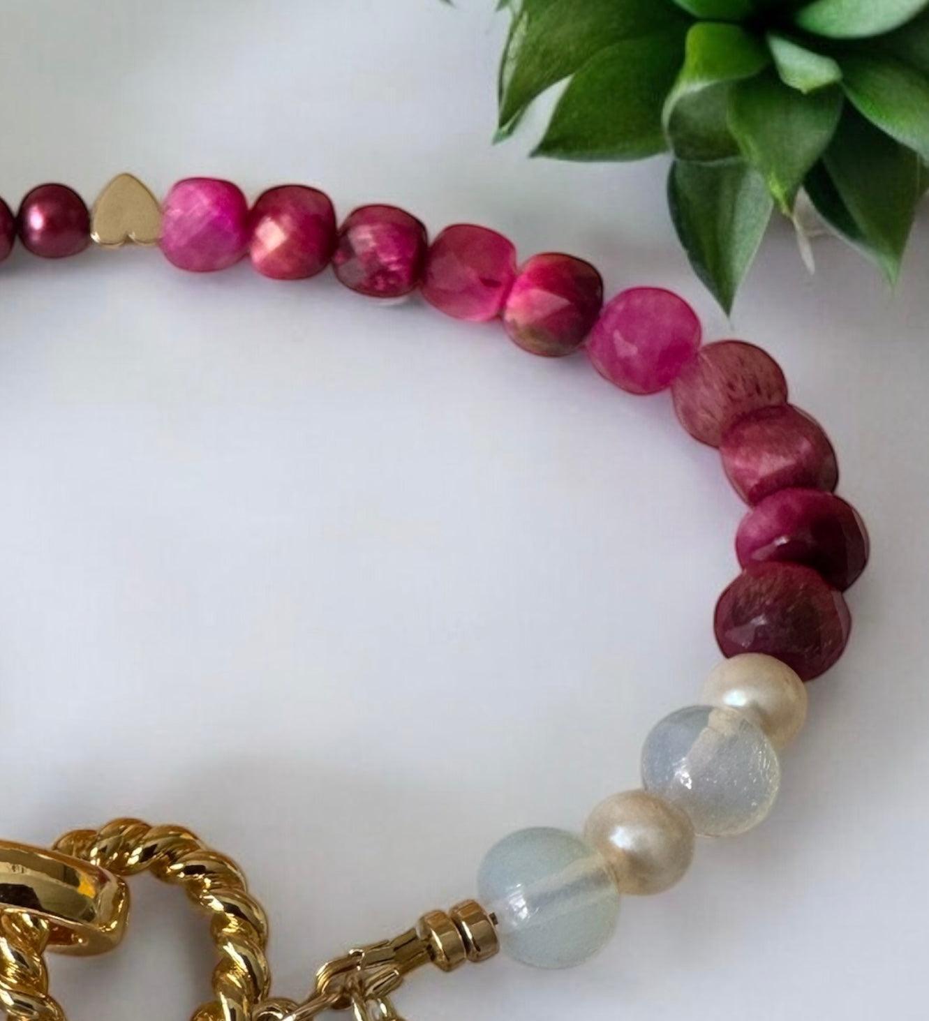 Handmade Garnet & Pearl Charm Bracelet | Opalite & Crystal Accents