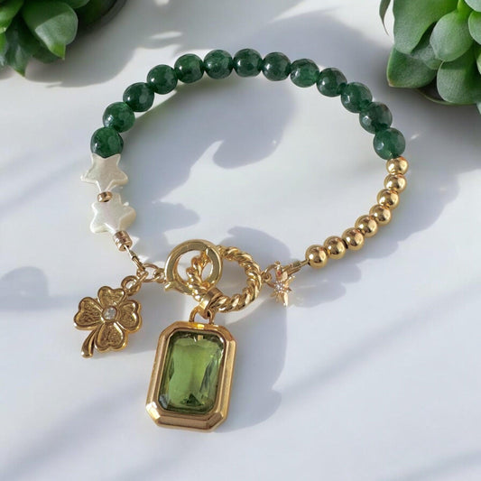 Emerald & Gold-Filled Beaded Bracelet with Mother of Pearl