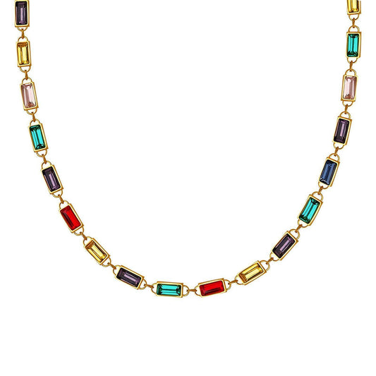Gold Rainbow Baguette Necklace featuring multi-coloured cubic zirconia stones set in 18k gold PVD-plated stainless steel. Waterproof, tarnish-free, and hypoallergenic design with an adjustable length of 40cm + 5cm extender.