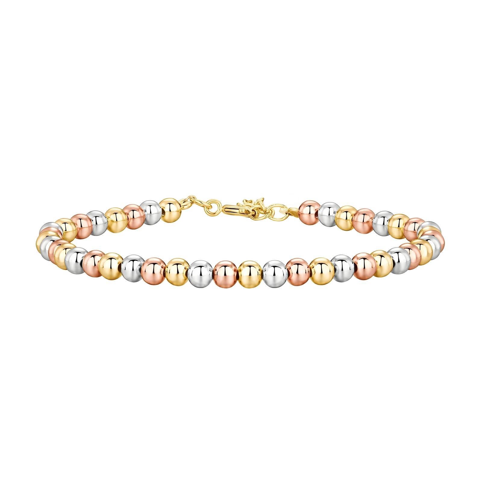 Tri-colour beaded bracelet with polished gold, rose gold, and silver stainless steel beads, 18K plated, waterproof and hypoallergenic.