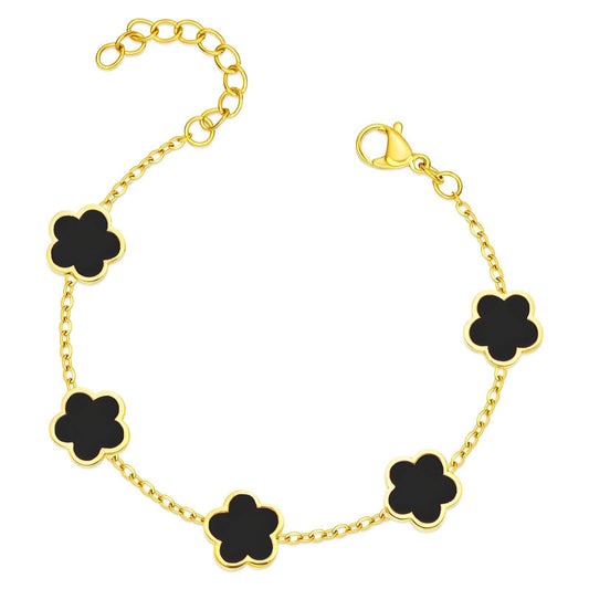Gold bracelet with five black clover flower charms, made from 18k gold PVD stainless steel, waterproof and non-tarnish"
