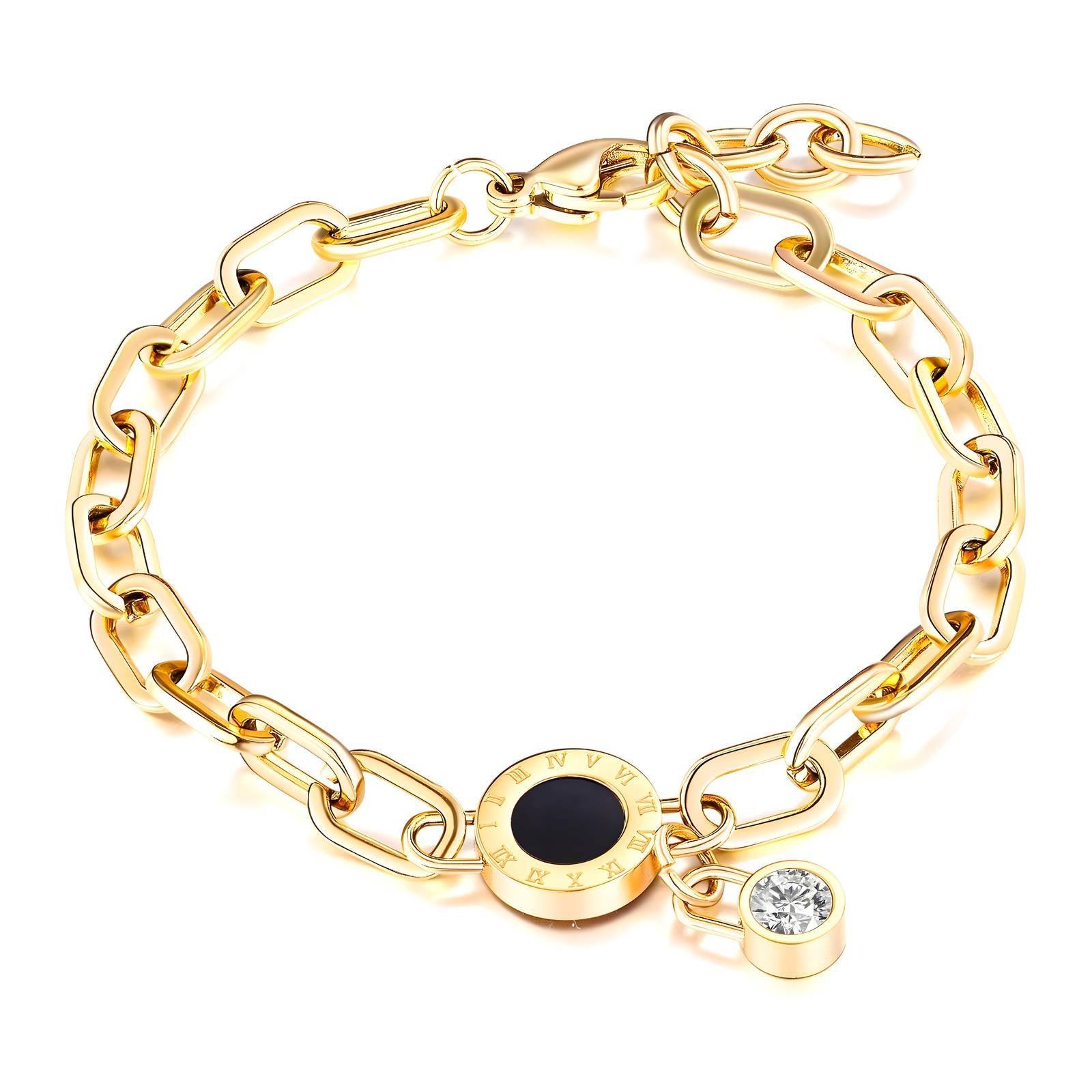 Gold chain bracelet with Roman numeral charm and cubic zirconia accent, made from stainless steel with 18K gold PVD plating, waterproof and hypoallergenic.