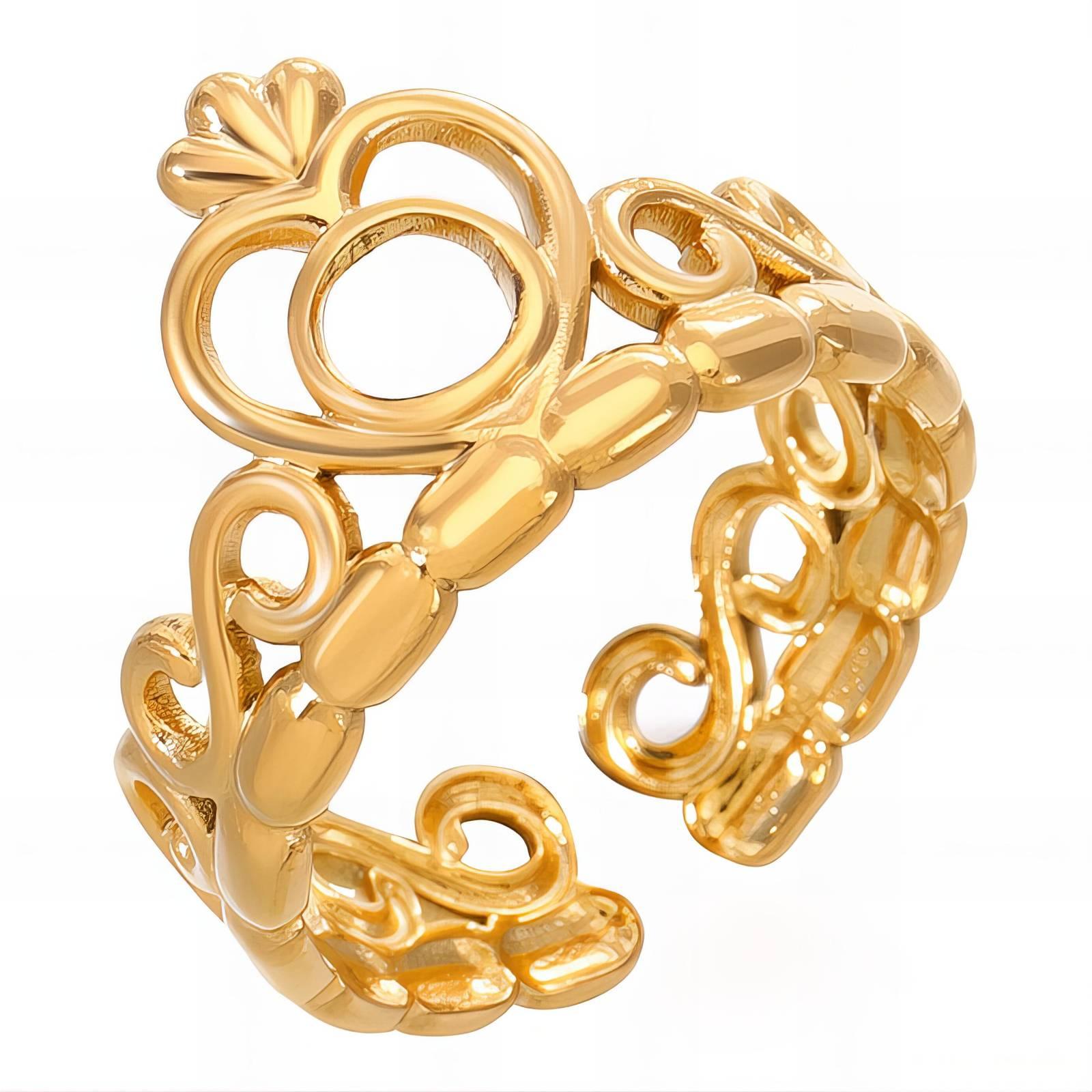 A luxurious 18K gold-plated adjustable Claddagh ring made of stainless steel, featuring an intricate heart, crown, and hands design. The ring has a waterproof, non-tarnish finish with elegant curved detailing and a polished shine, making it perfect for everyday wear and special occasions.