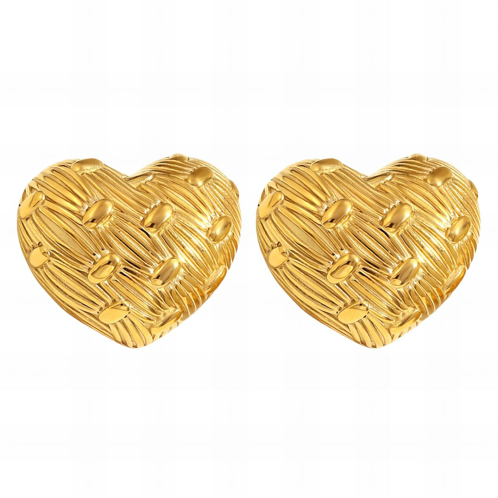 Gold heart stud earrings with a textured finish, made from stainless steel and 18K gold PVD plating, waterproof, hypoallergenic, and tarnish-resistant.