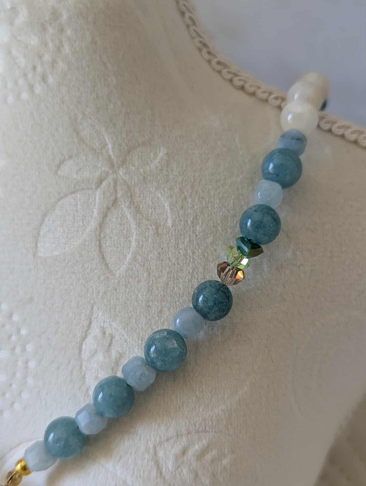 Natural Aquamarine & Moonstone Necklace with Glass Blue Heart