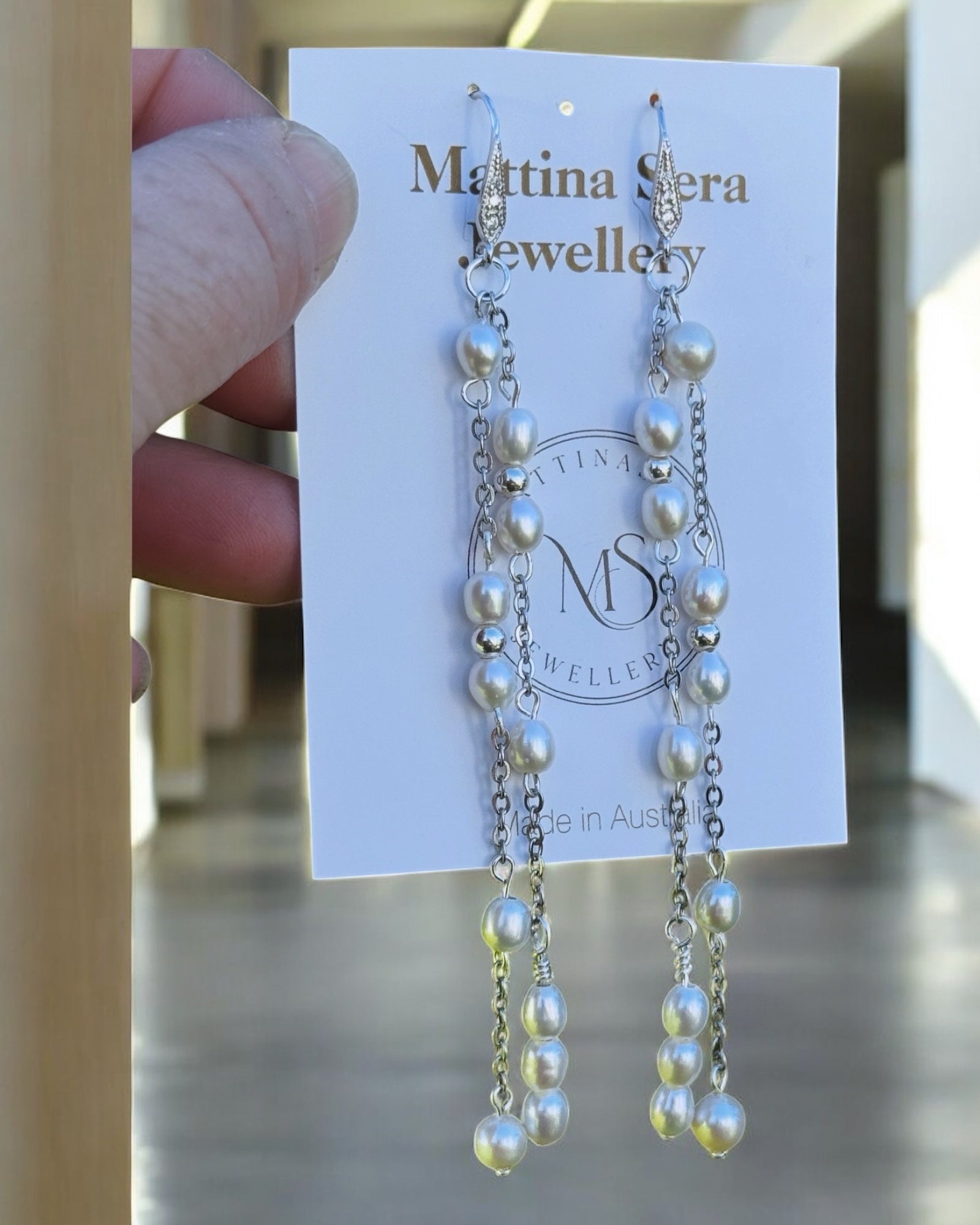 Sterling silver bridal pearl earrings with double strand with pearls and sterling silver beads