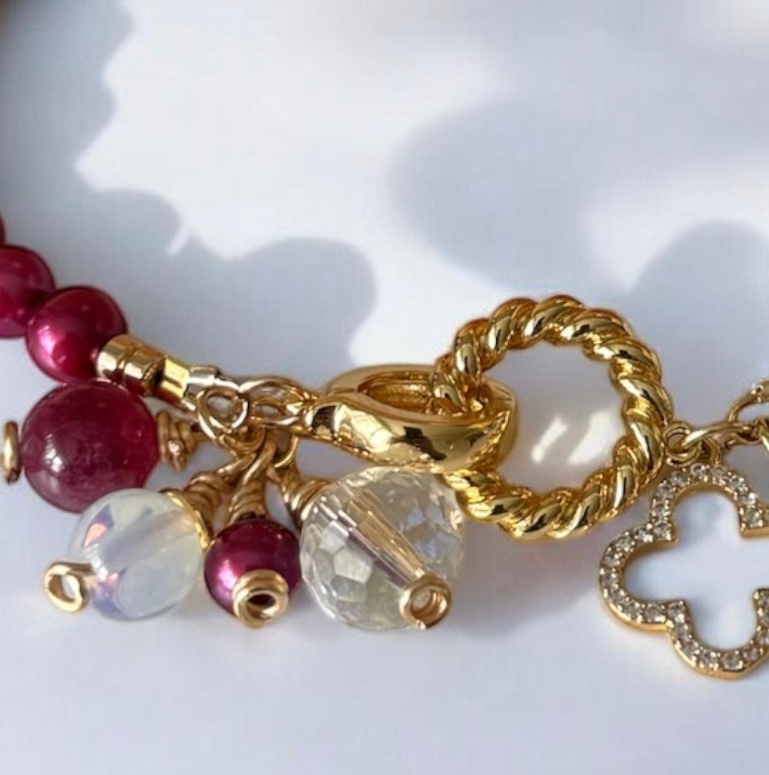 Handmade Garnet & Pearl Charm Bracelet | Opalite & Crystal Accents