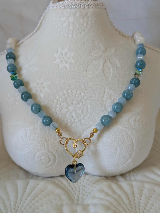Natural Aquamarine & Moonstone Necklace with Glass Blue Heart