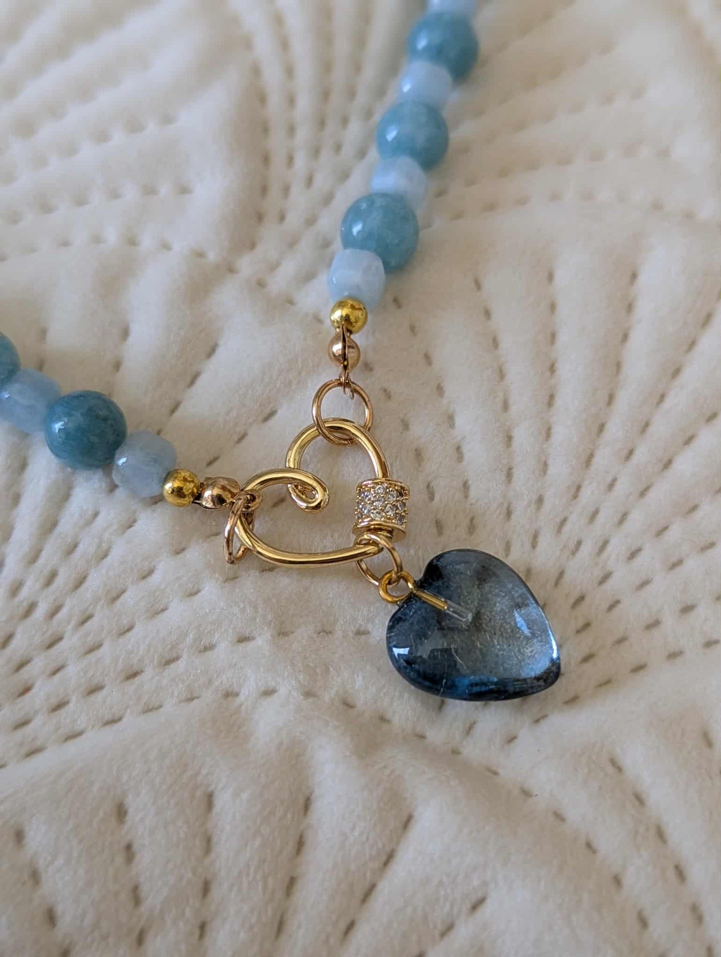 Natural Aquamarine & Moonstone Necklace with Glass Blue Heart