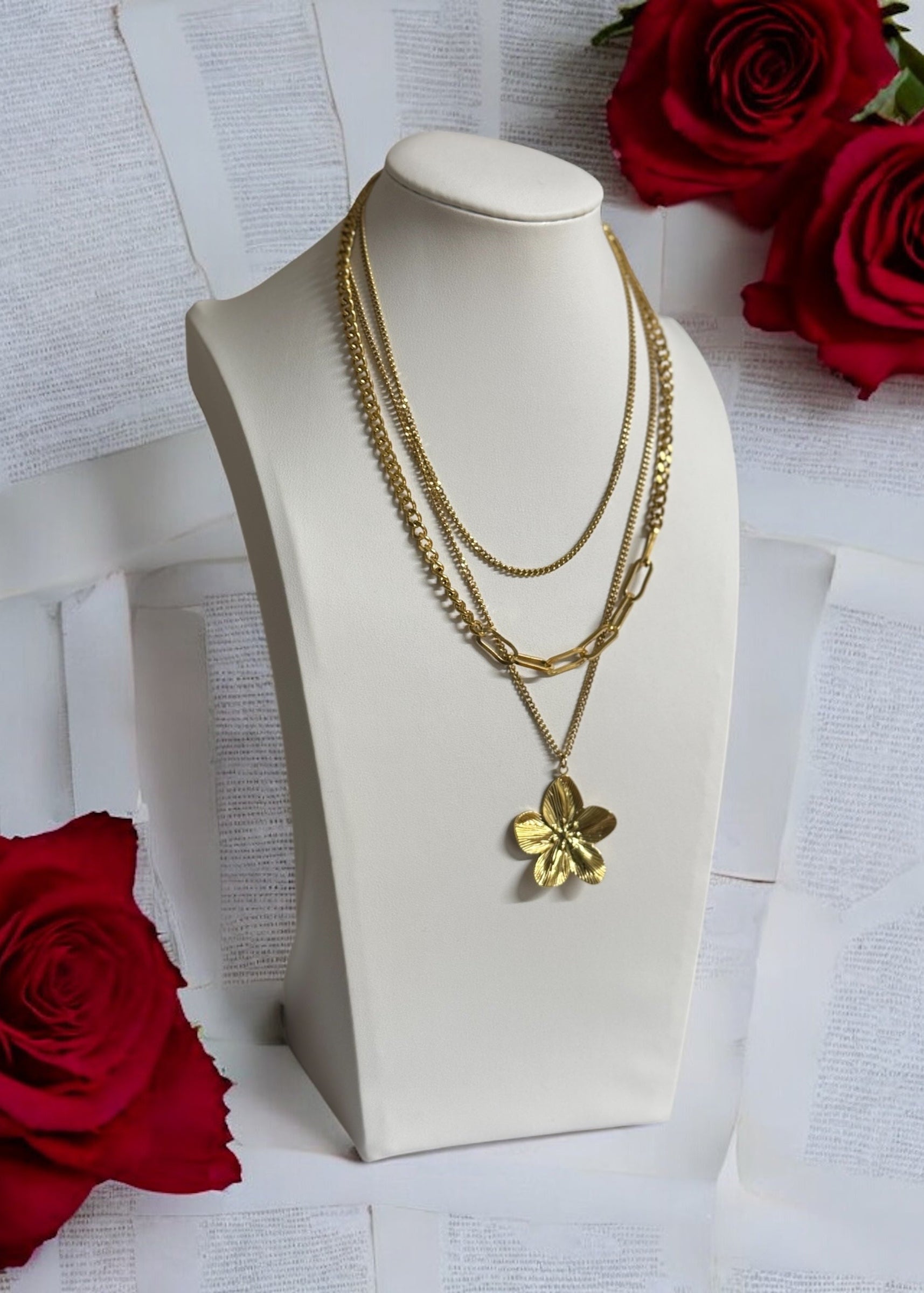 Unique triple layered necklace with gold hibiscus pendant waterproof necklace perfect for everyday.