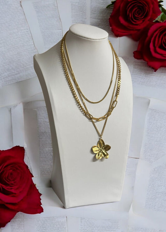 Unique triple layered necklace with gold hibiscus pendant waterproof necklace perfect for everyday.