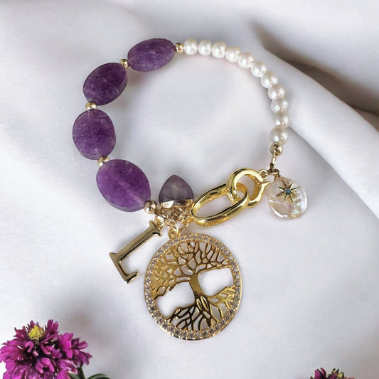 Handmade amethyst and freshwater pearl bracelet with gold Tree of Life charm and toggle clasp