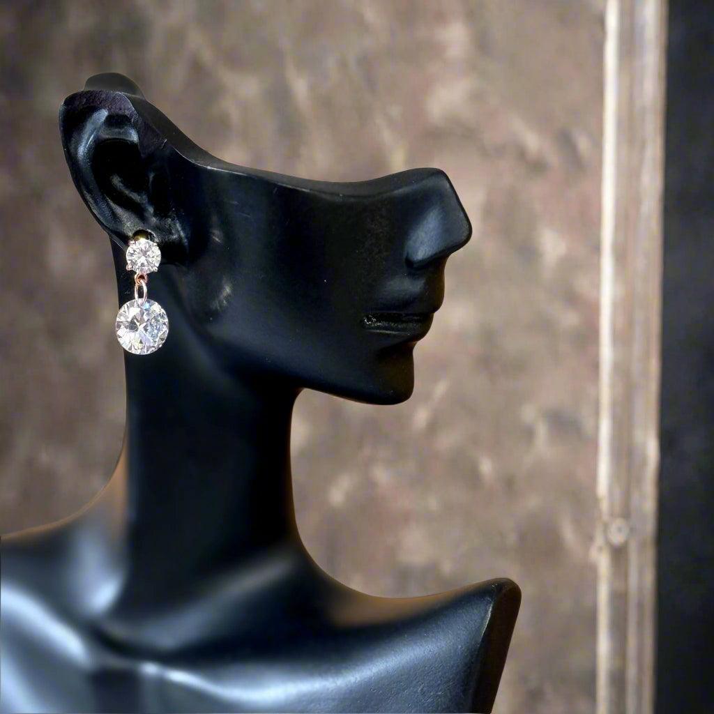 Rose gold .925 sterling silver dangle earrings with AAA cubic zirconia, featuring a 6mm stud and 10mm drop stone, elegant sparkle jewelry for women