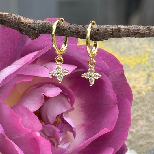18k Gold Sterling Silver Huggie Earrings – CZ Flower Charm