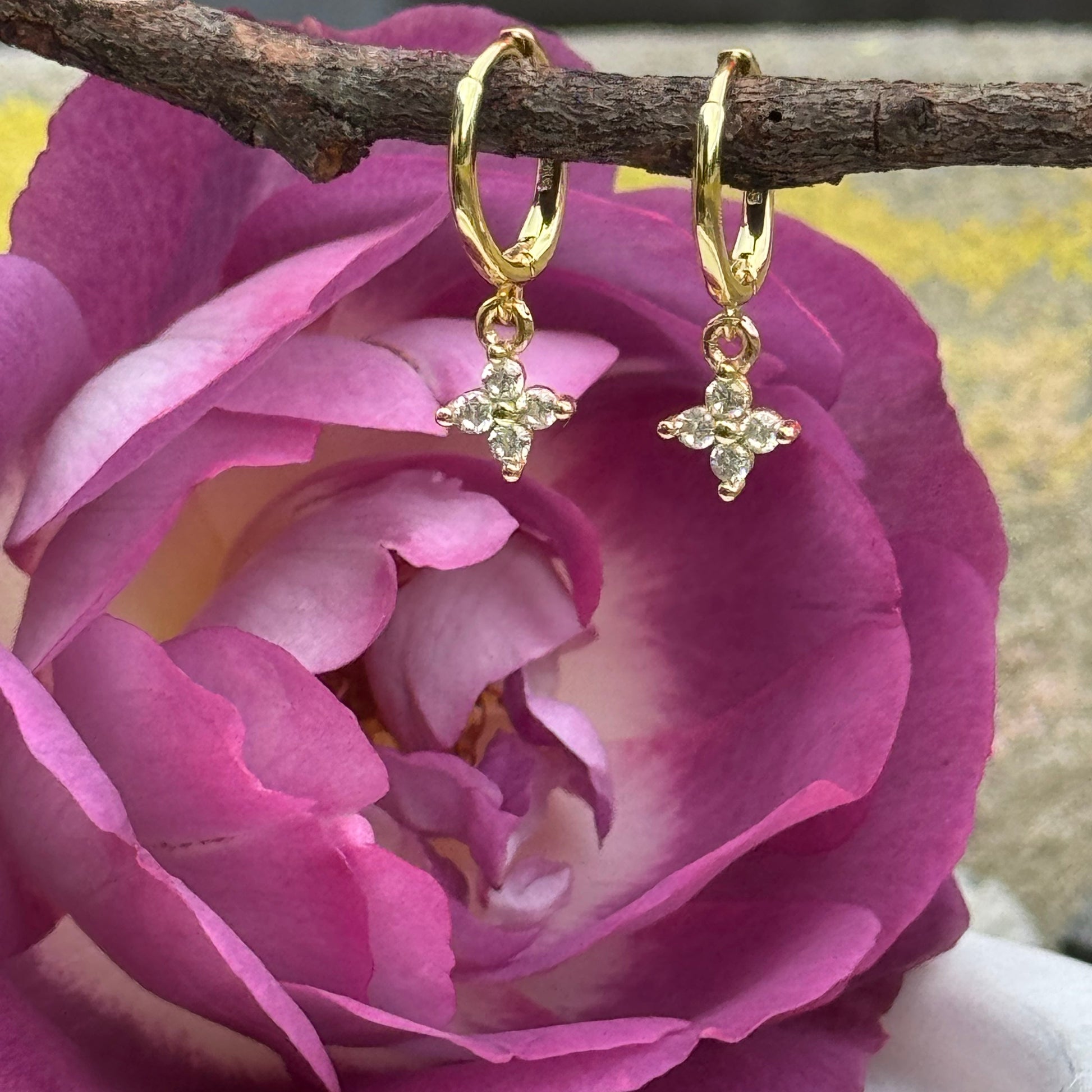 18k Gold Plated Sterling SIlver Huggie earrings with dainty cubic zirconia flowers