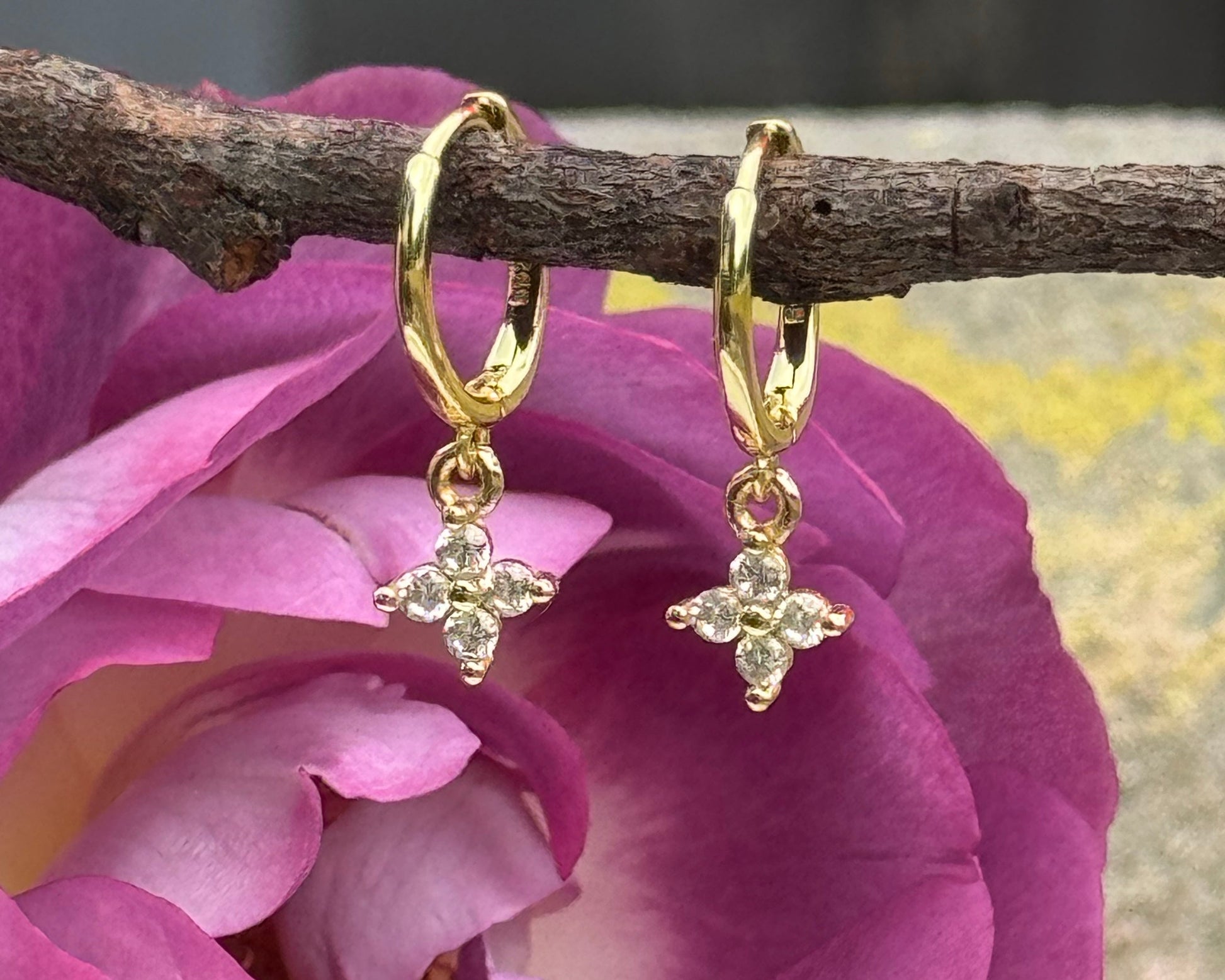 Sterling Silver 18k Gold Plated Huggies Earrings with dainty CZ flowers dangling from gold hoops