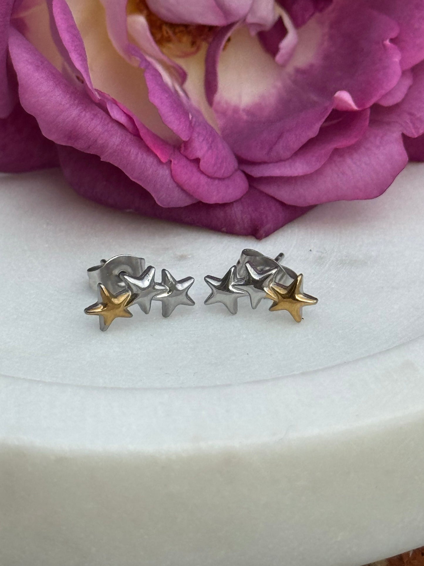 Mini Triple Star Stud Earrings – Stainless Steel & Two-Tone Design