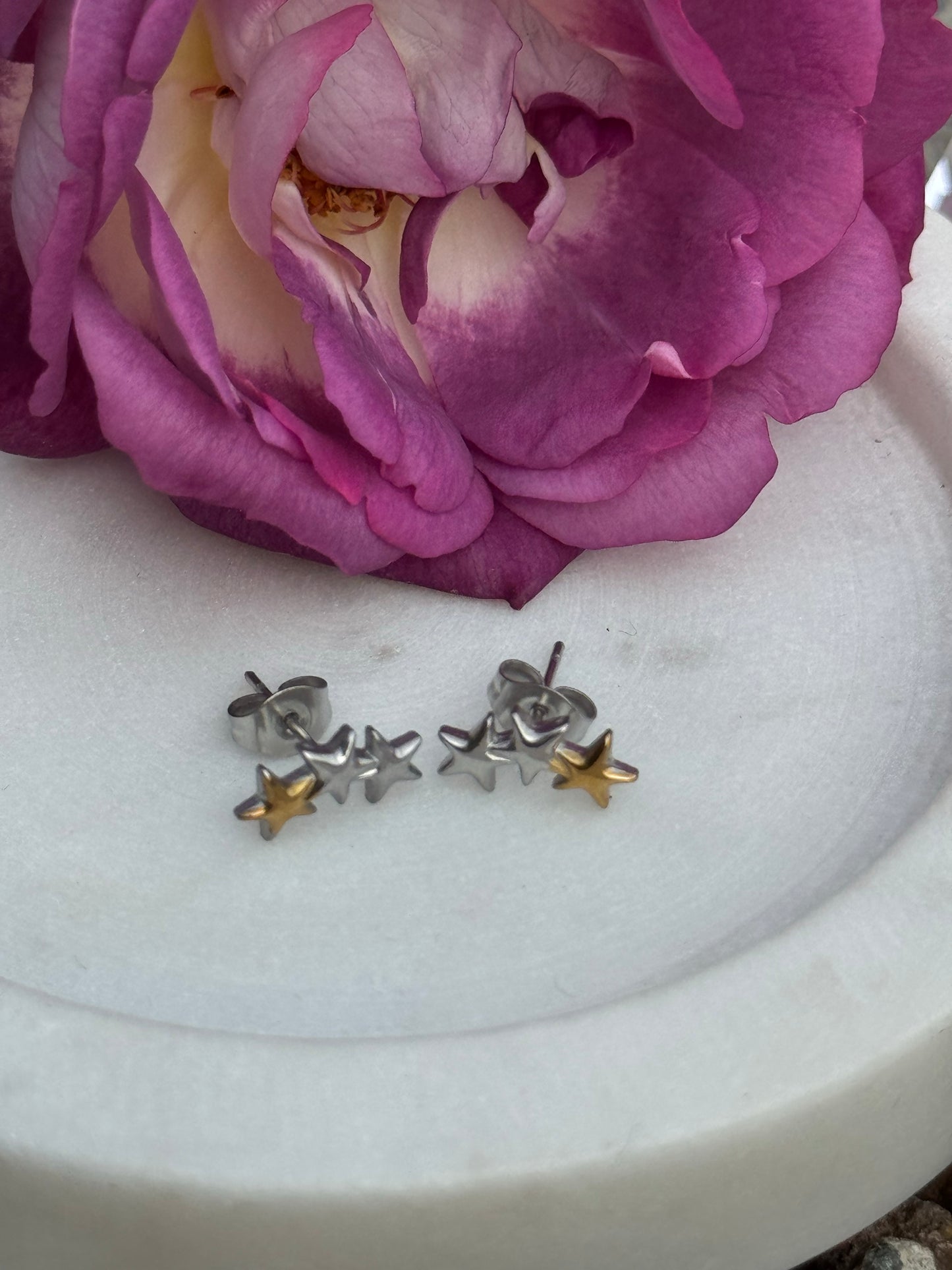Mini Triple Star Stud Earrings – Stainless Steel & Two-Tone Design