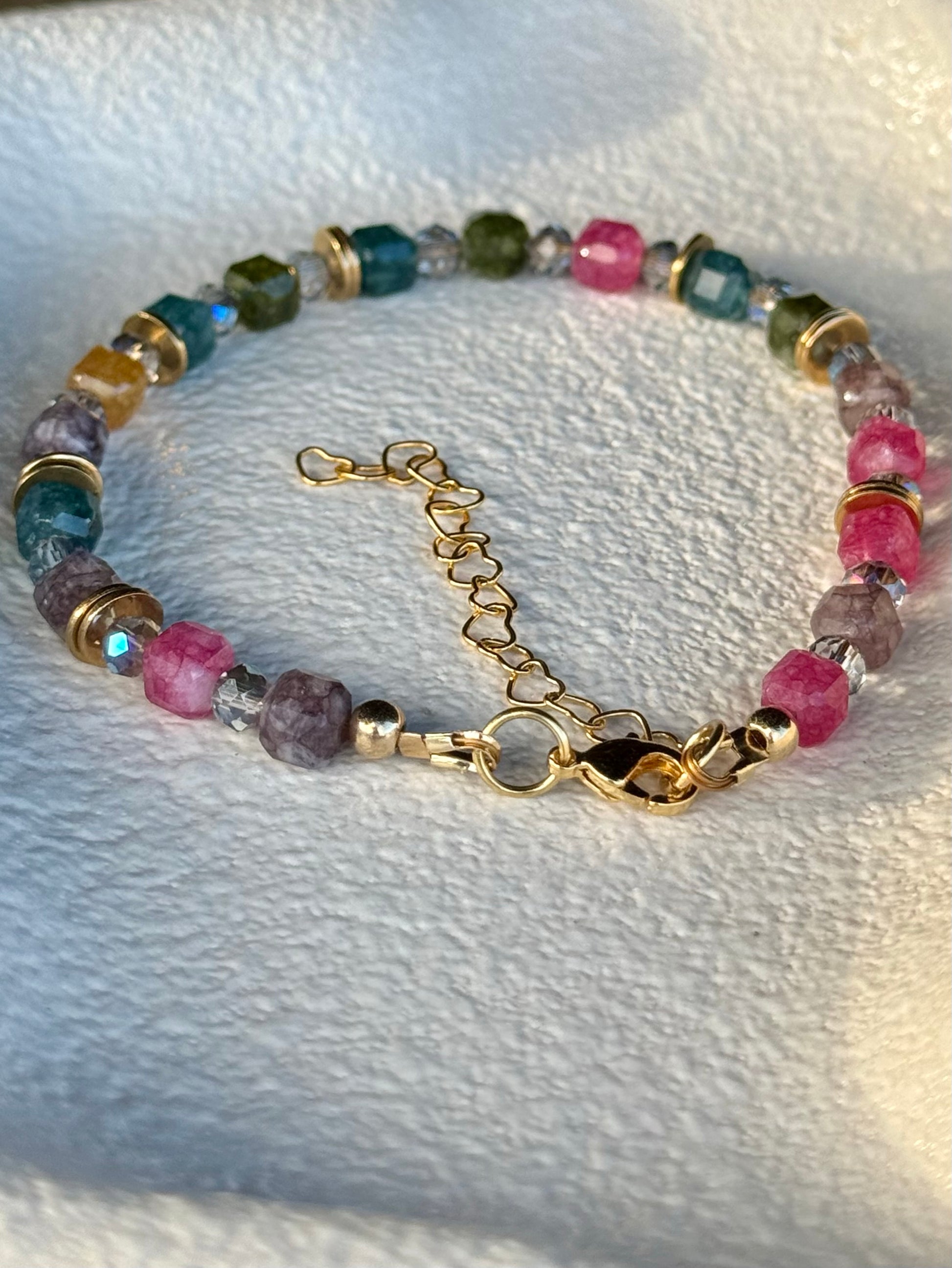 Handmade Beaded bracelet natural tourmaline with gold accents, 5cm heart Extension.