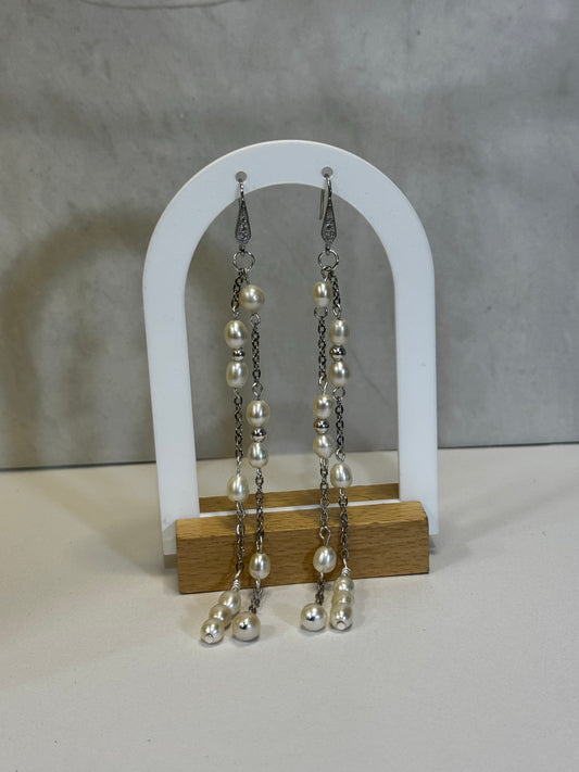 Long Dangle Chain Pearl Earrings, white pearls dangle from sterling silver chain