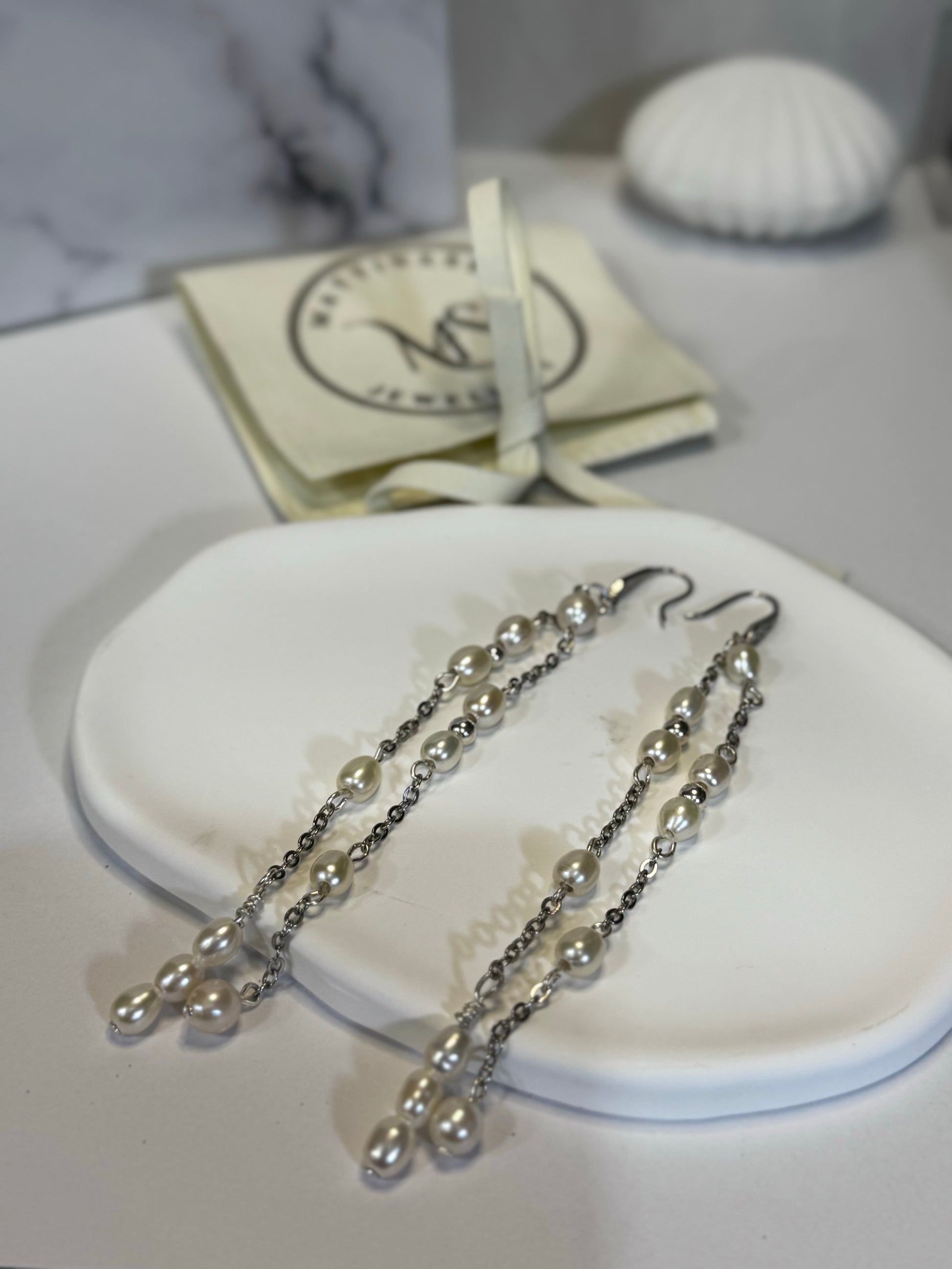 extra long dangle bridal earrings, white pearls on sterling silver chain.
