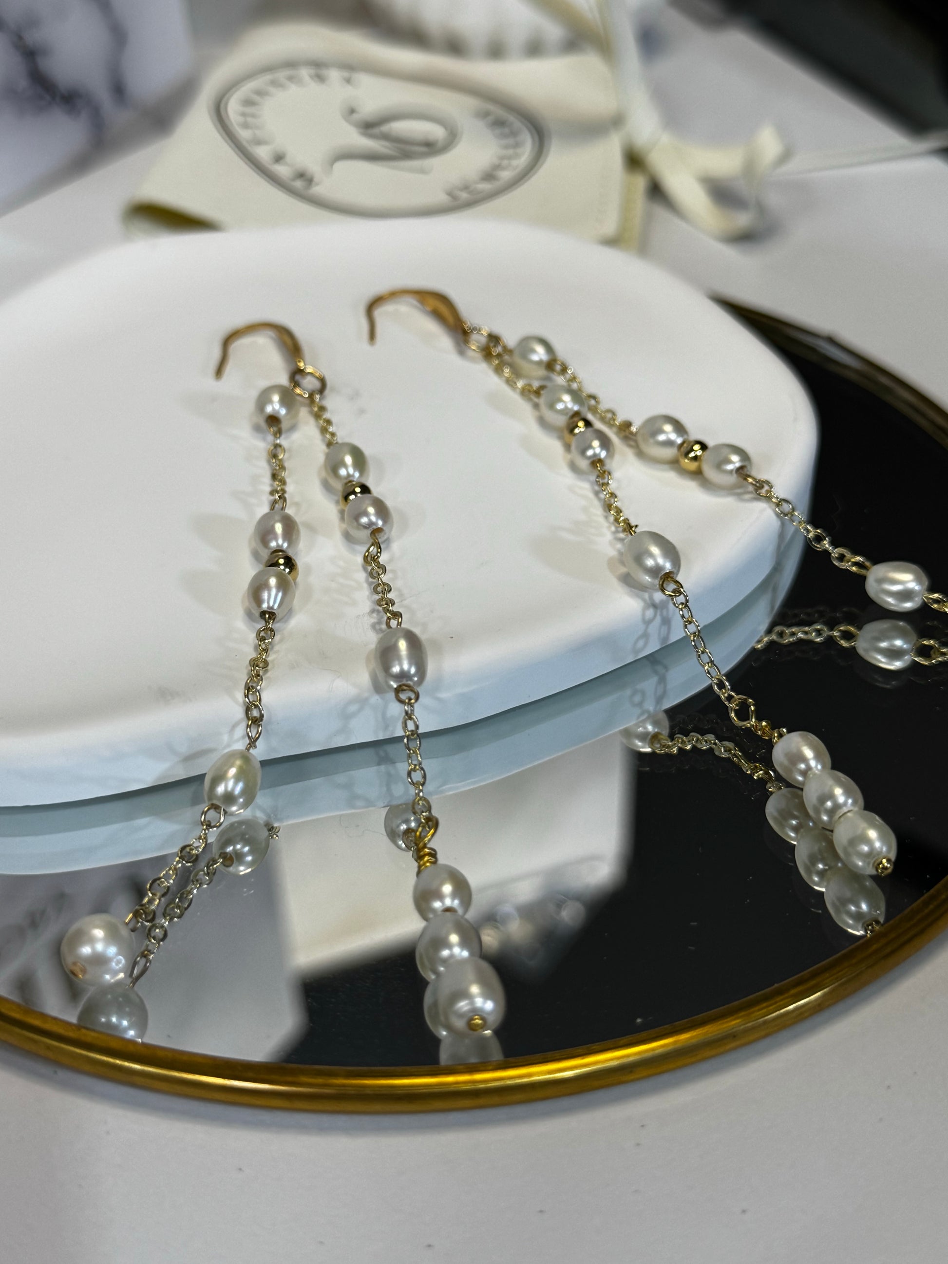 extra long bridal earrings, white pearls on 14k gold filled chain