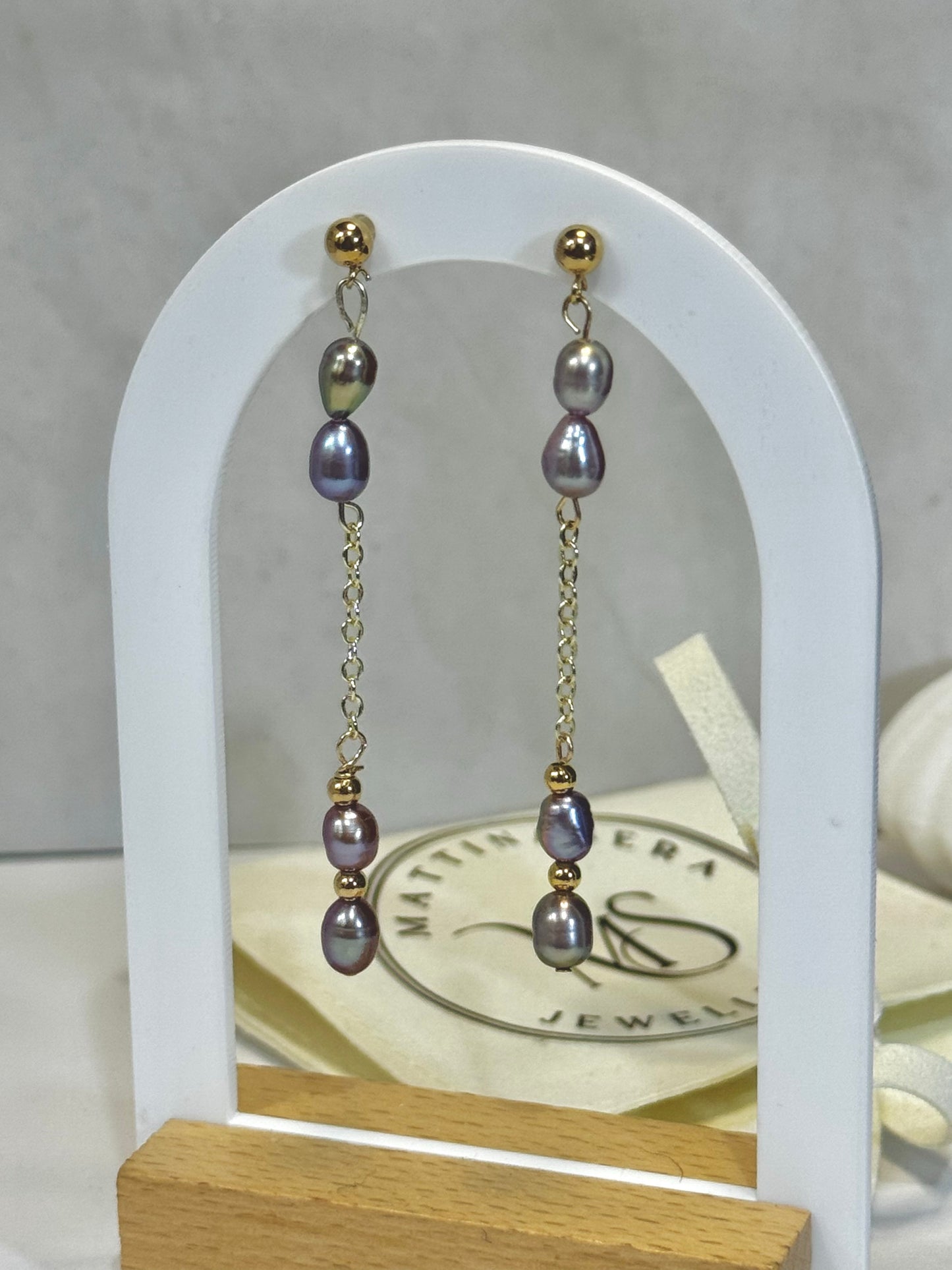 purple rice pearl dangle earrings, gold studs