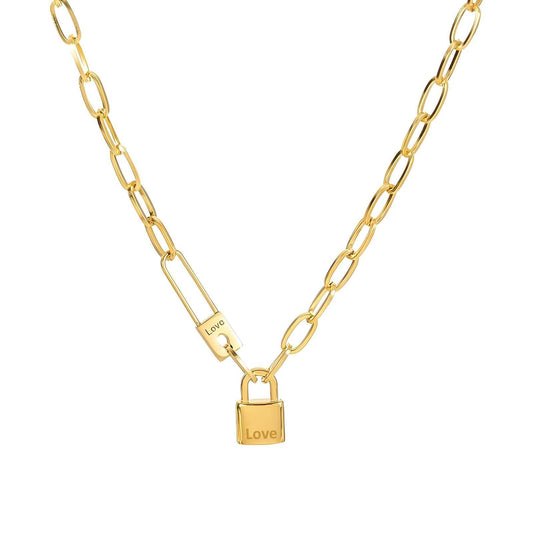 Gold lock pendant necklace with a stylish paperclip chain, made from 18K gold PVD stainless steel. Features a minimalist lock charm engraved with "Love." Waterproof, non-tarnish, and hypoallergenic, with an adjustable 38cm + 5cm extension chain. Elegant and modern jewellery piece.