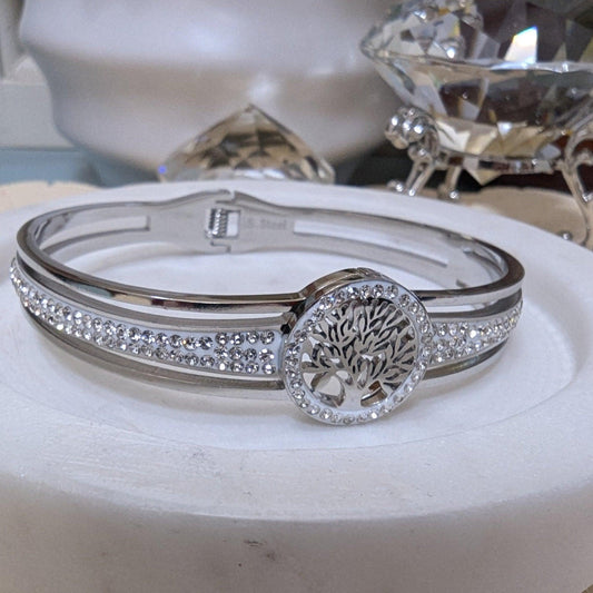 Silver Tree of Life cuff bracelet with cubic zirconia, stainless steel, waterproof