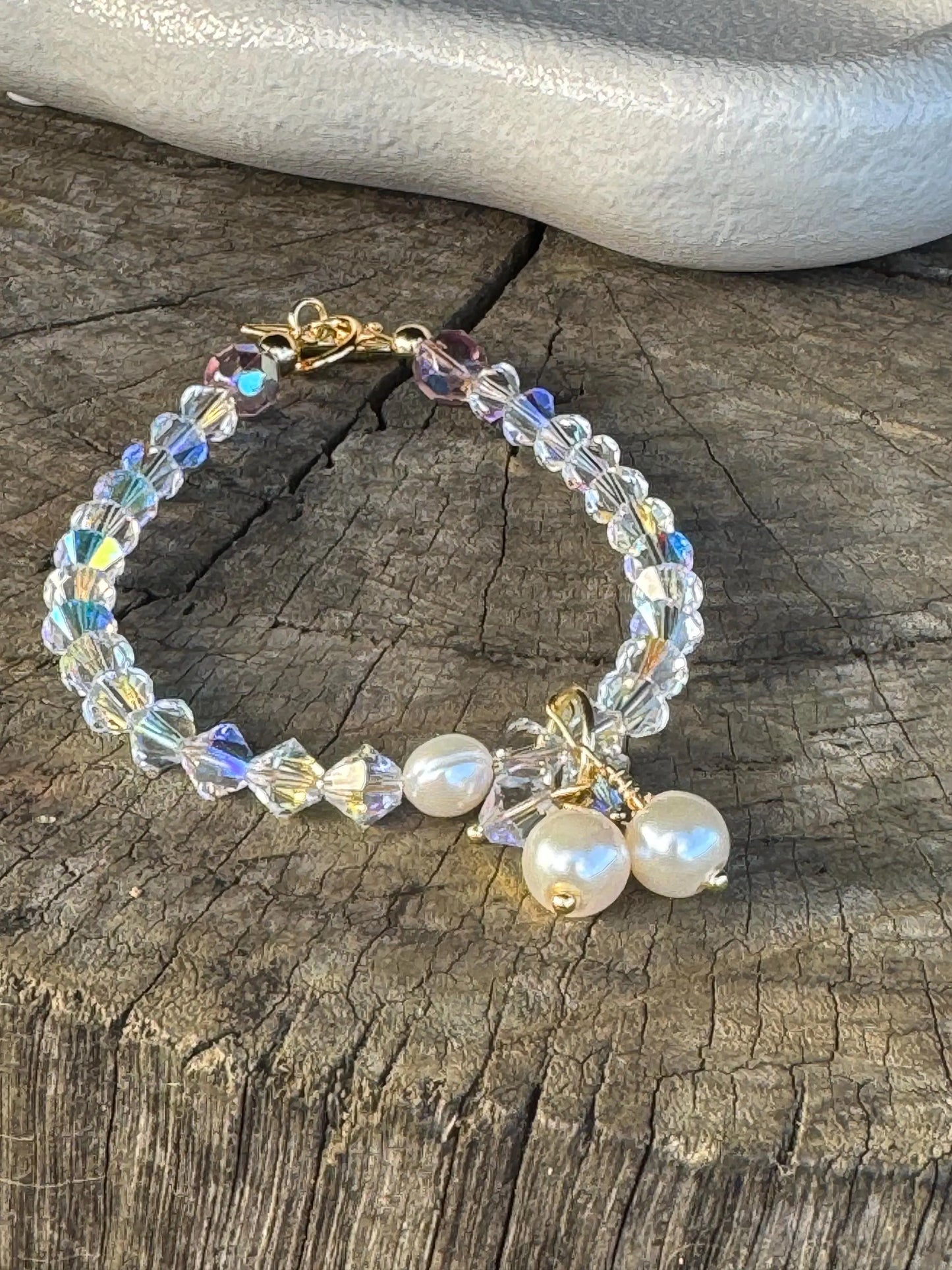 Handmade Crystal & Freshwater Pearl Bracelet – Gold Toggle Clasp