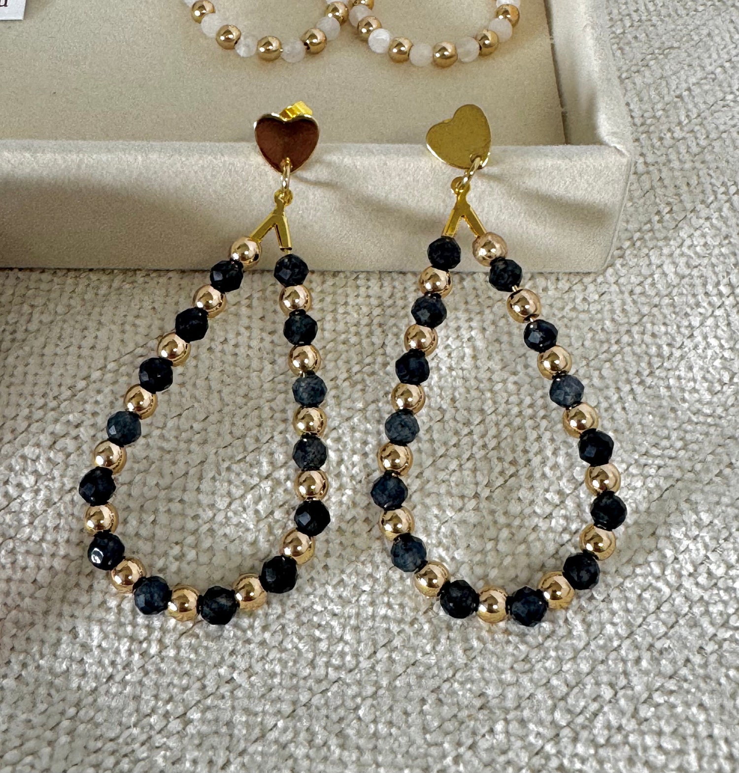Gold drop earrings with pink and blue gemstone beads and heart-shaped charms – handmade dainty dangle earrings for women