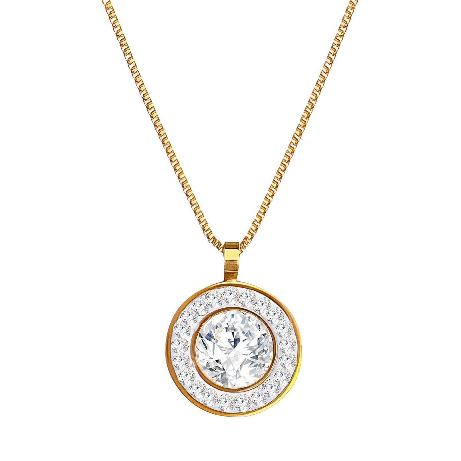 Gold pendant necklace with round halo design and large central crystal – 18k gold-plated, waterproof, tarnish-free jewellery