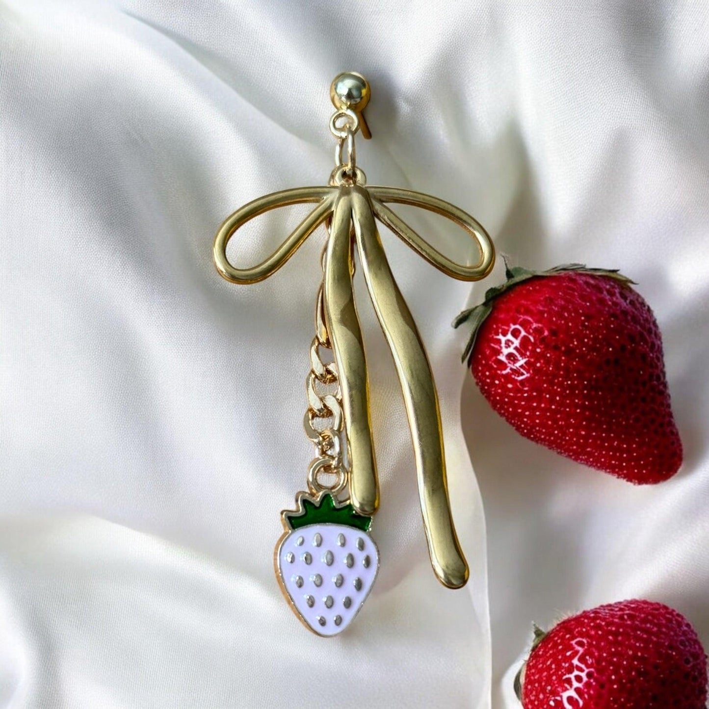 Gold Bow and Strawberry Dangle Earrings