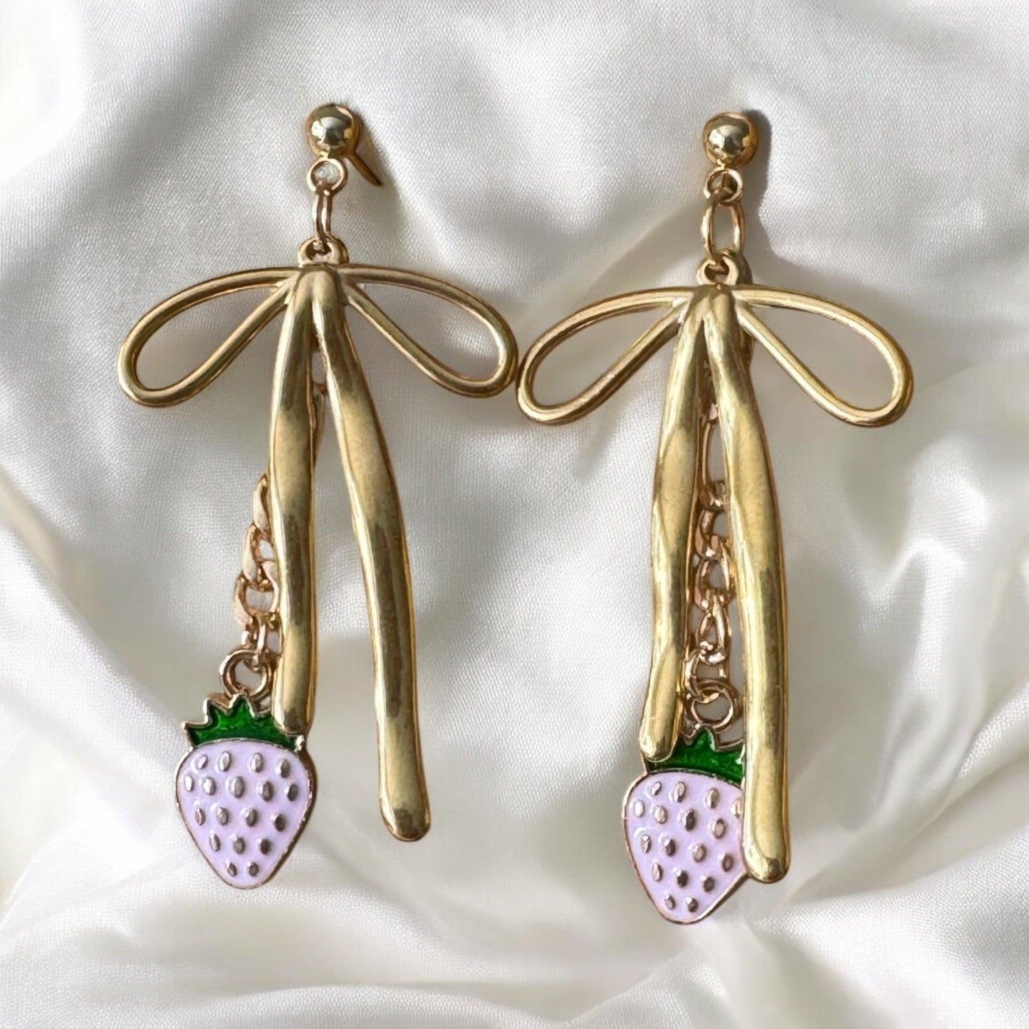 Gold Bow and Strawberry Dangle Earrings