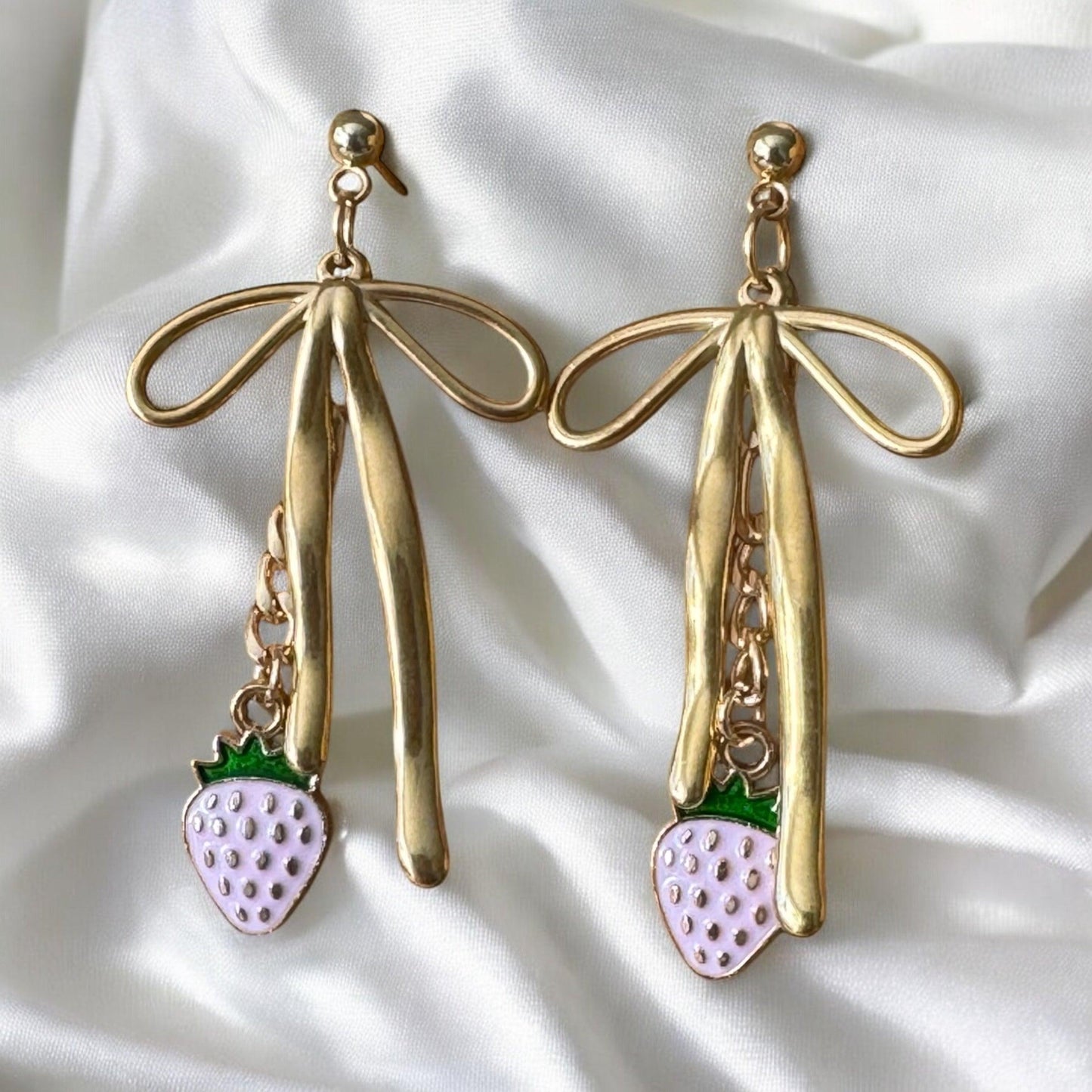 Gold Bow and Strawberry Dangle Earrings