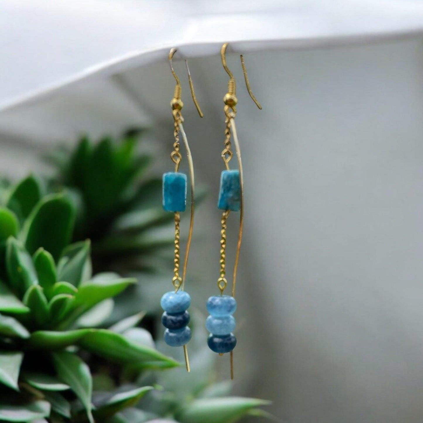 Wavy Blue Apatite Gemstone Drop Earrings