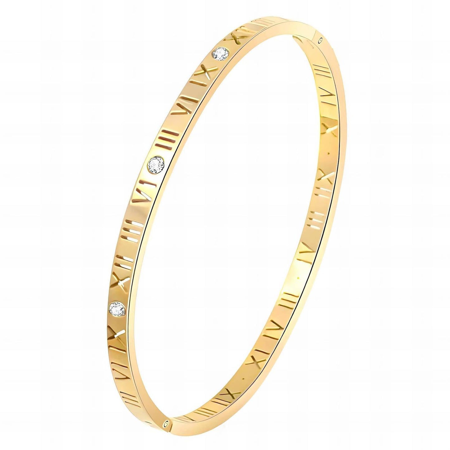 Gold Roman Numeral Bangle Bracelet with CZ Diamonds – Elegant Waterproof