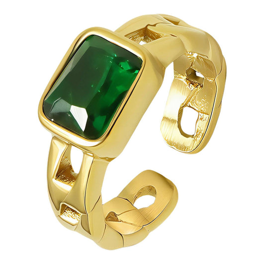 Adjustable 18k gold ring with green cubic zirconia, non-tarnish waterproof stainless steel band.