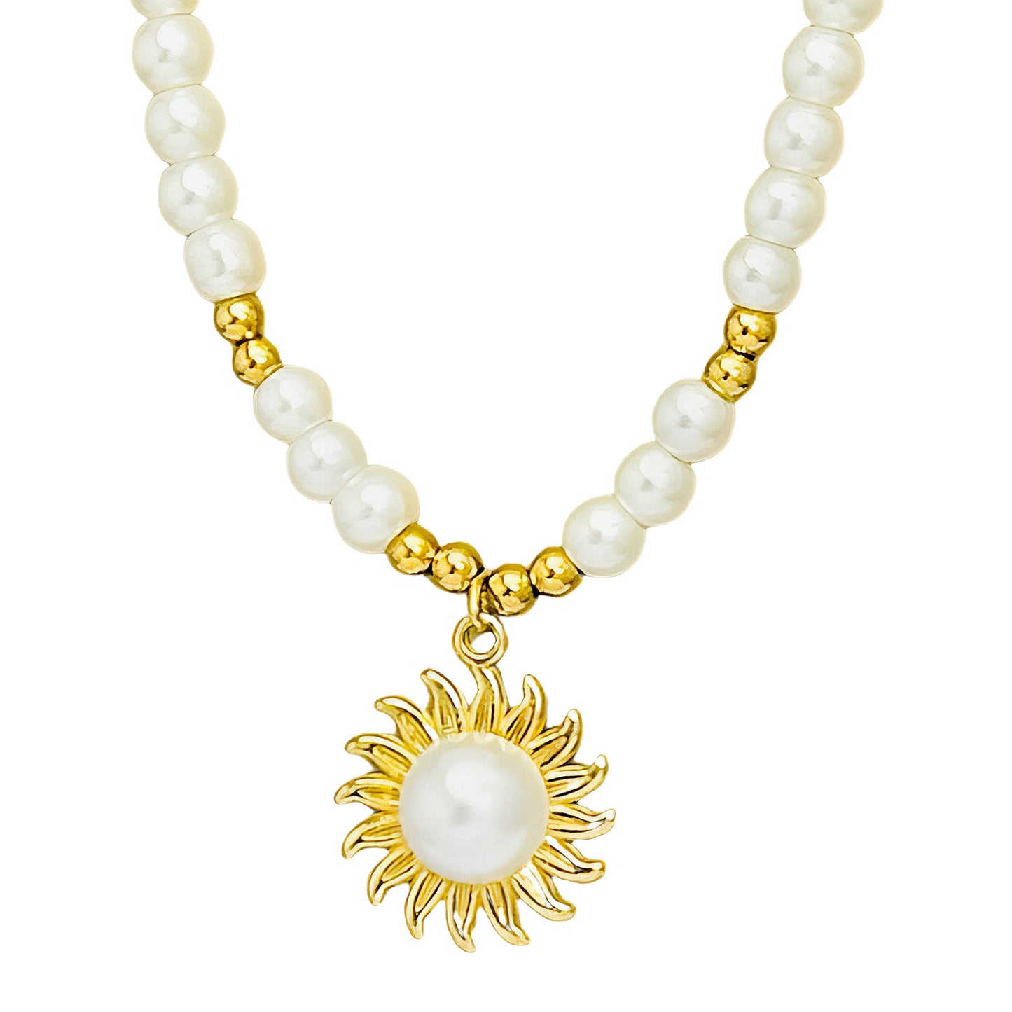 Sun Pendant Pearl Necklace – 18K Gold Plated, Waterproof, Hypoallergenic