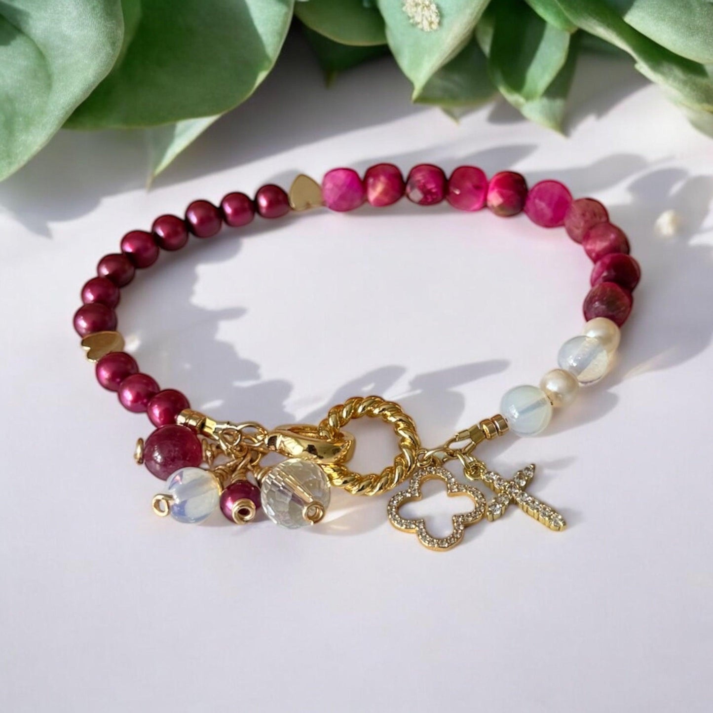 Handmade Garnet & Pearl Charm Bracelet | Opalite & Crystal Accents
