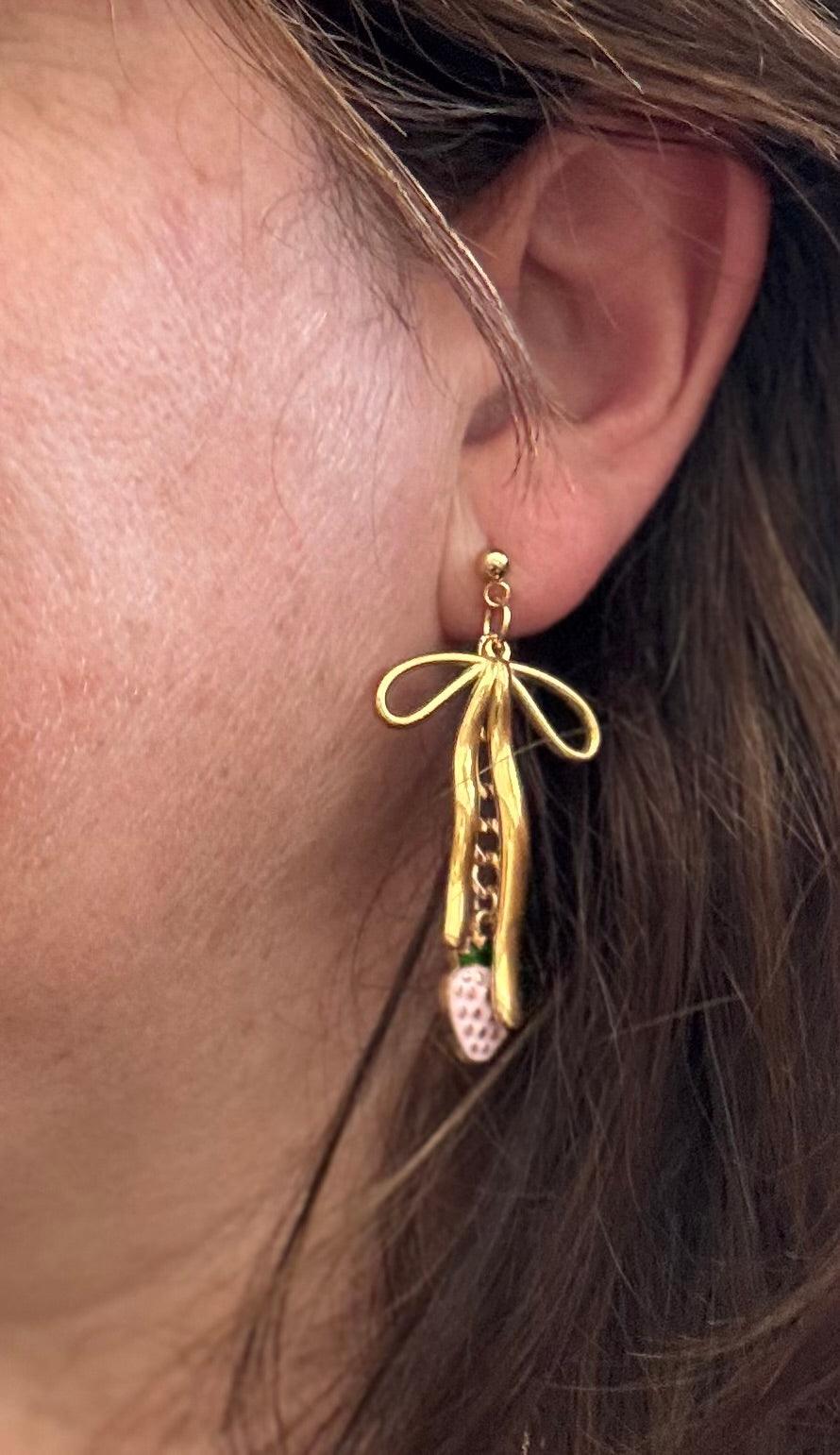 Gold Bow and Strawberry Dangle Earrings