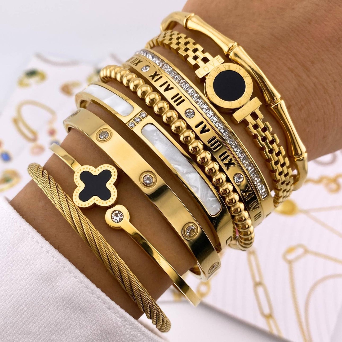 Gold Roman Numeral Bangle Bracelet with CZ Diamonds – Elegant Waterproof